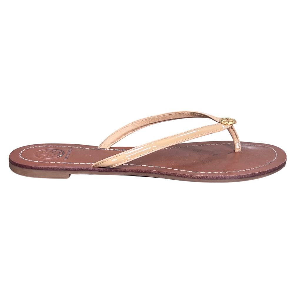 Tory Burch Charm Logo Tan Leather Thong Sandals Size 8